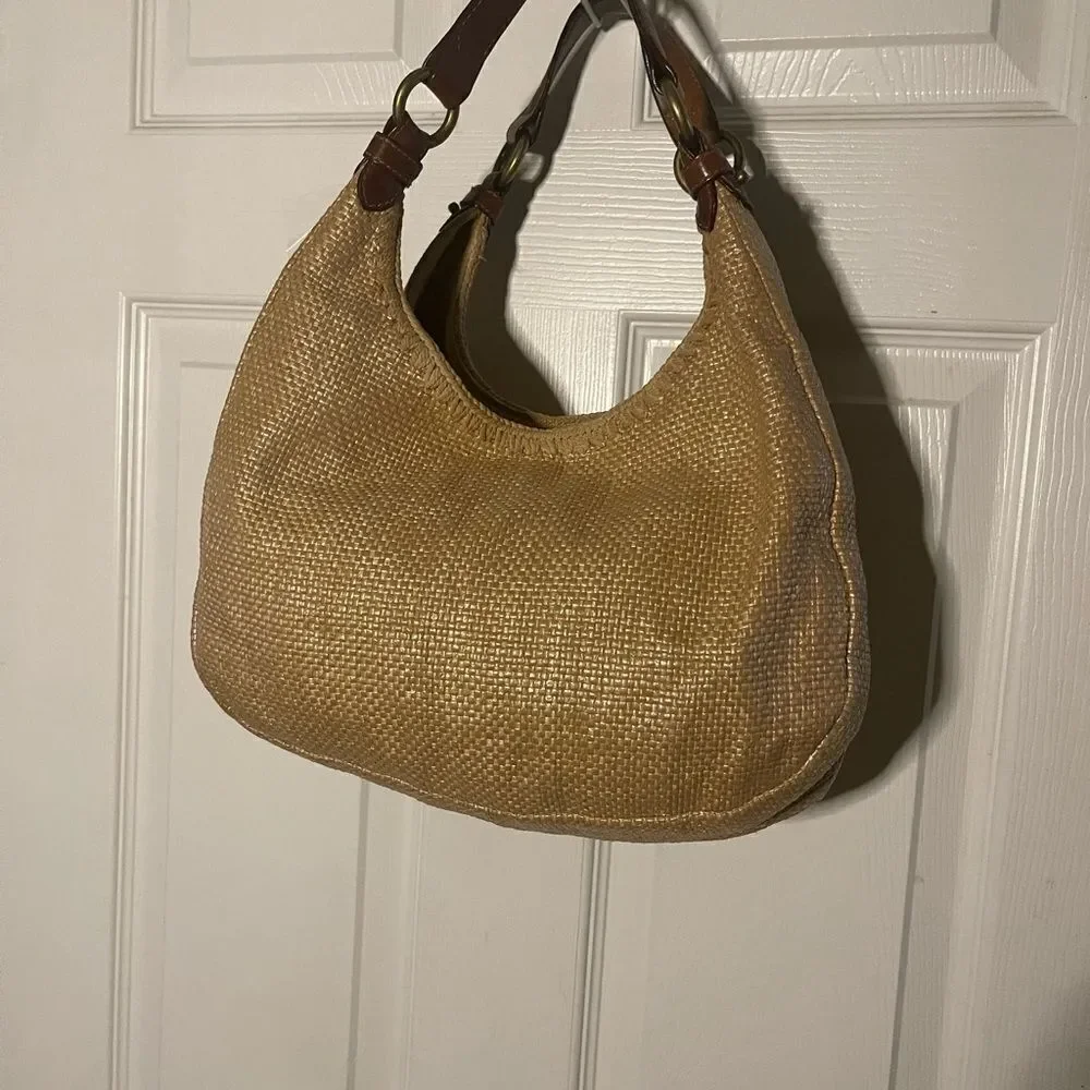 Forth & Towne Cognac synthetic woven Satchel beige embroidery tan leather straps
